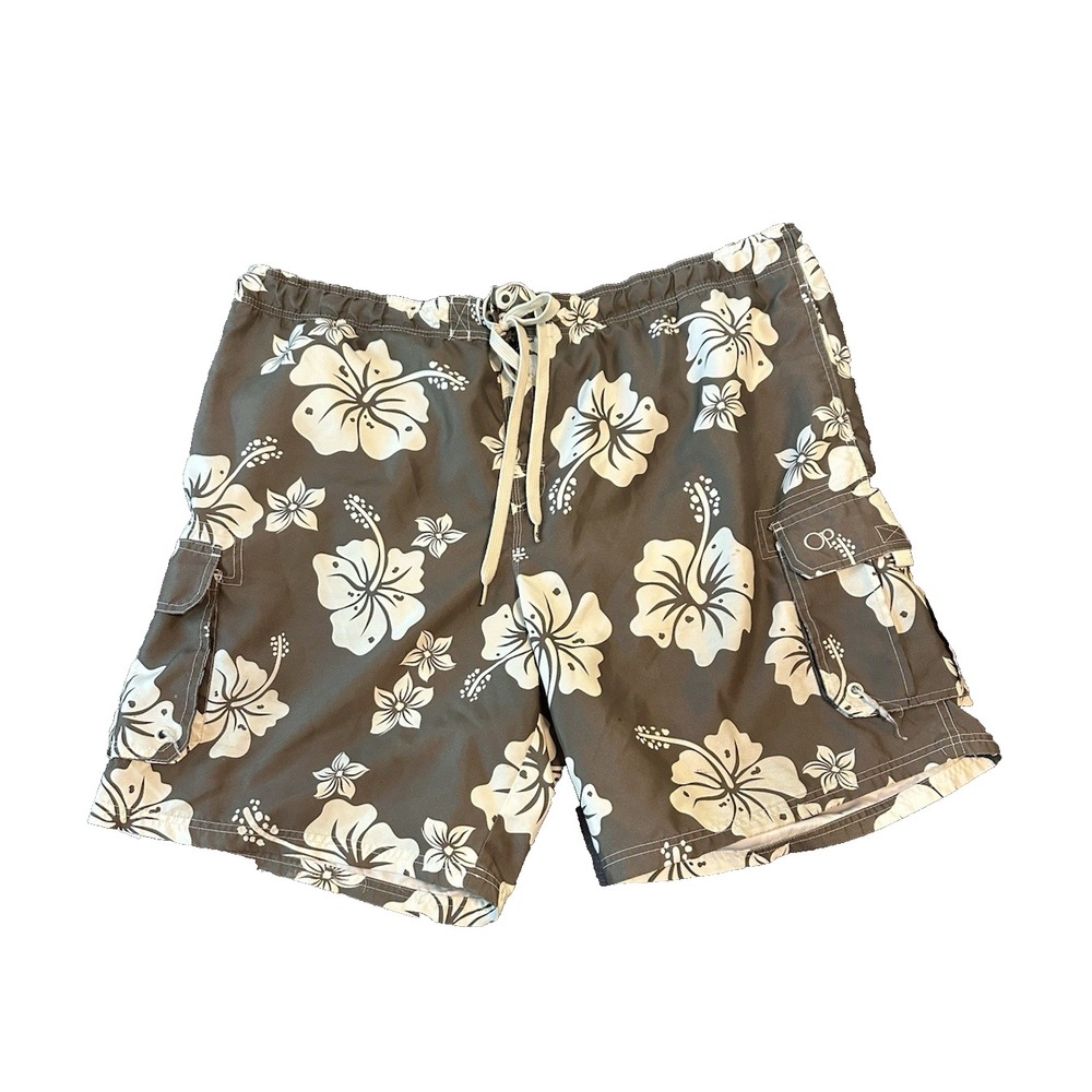 OP Ocean Pacific Mens Swim Trunk Cargo Board Shorts 3XL 48-50 Floral Green Y2K